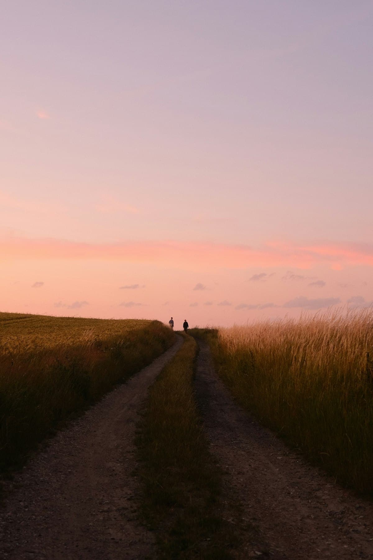 Two figures walk a dirt road toward the sunset